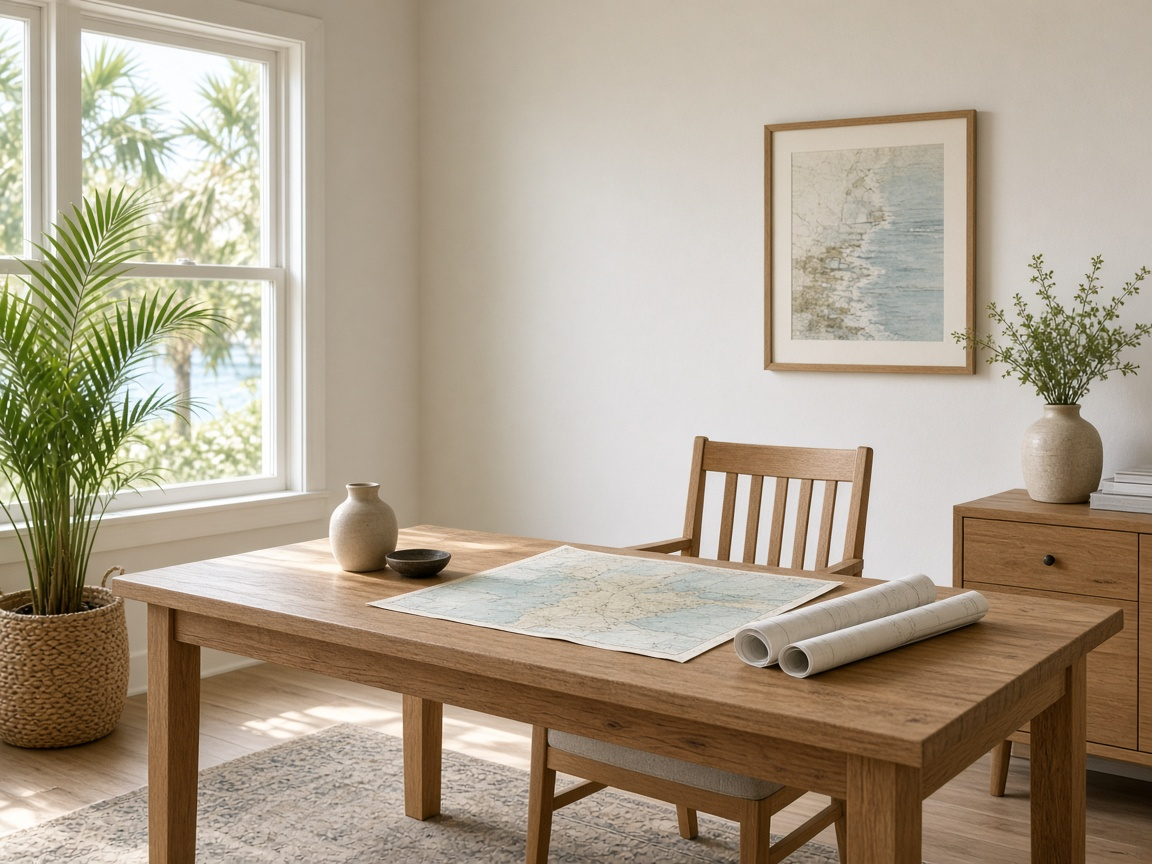 Oak desk with maps beside a bright window