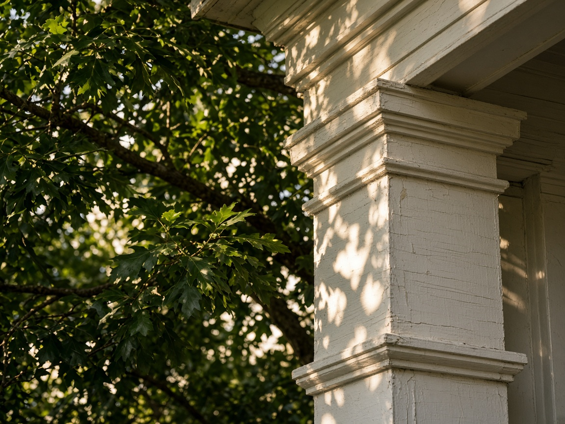 Painted porch column with oak leaves in afternoon light
