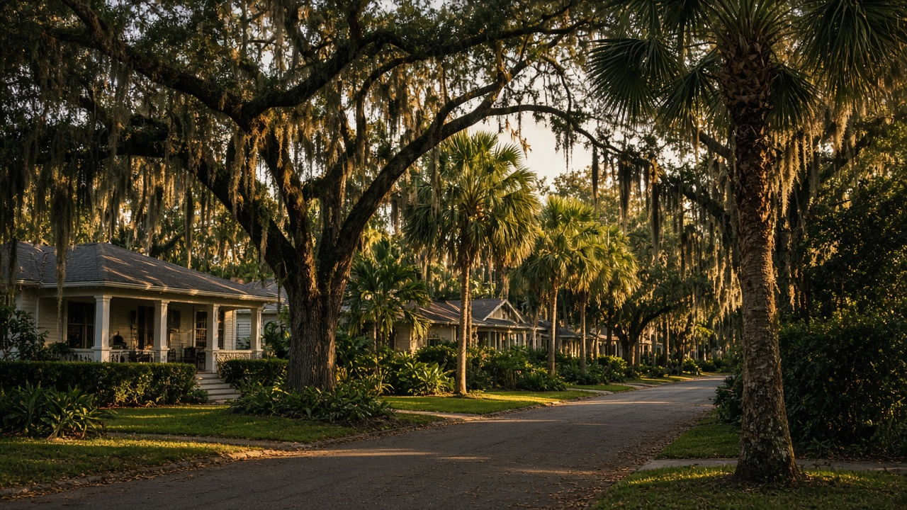 Oak-lined Orlando street with porches and palms in late light
