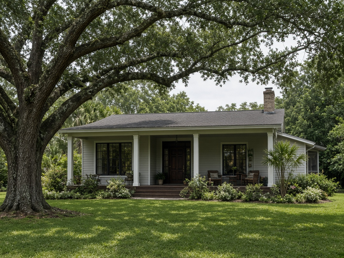 Single-story Florida house under a large oak